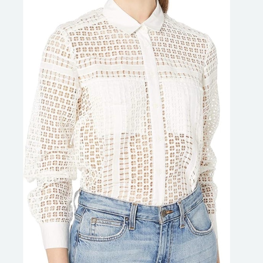 FRENCH CONNECTION WHITE EYELET
 LACE LONG SLEEVE BLOUSE WOMENS SZ XXS